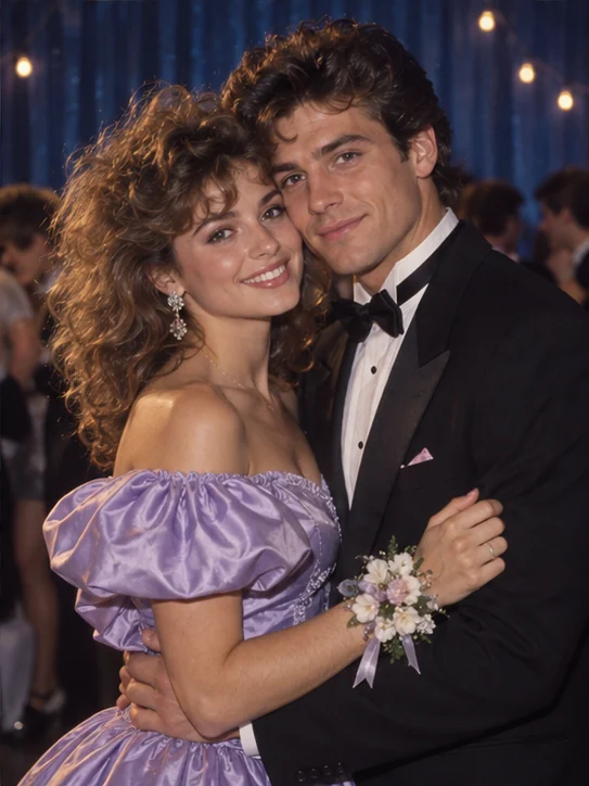 Our first formal dance: Formalwear, a wrist corsage and an 80s photo-album embrace.