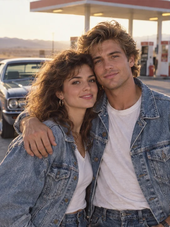 Our retro road trip: Matching denim, an embrace and a road-trip stop worth remembering.