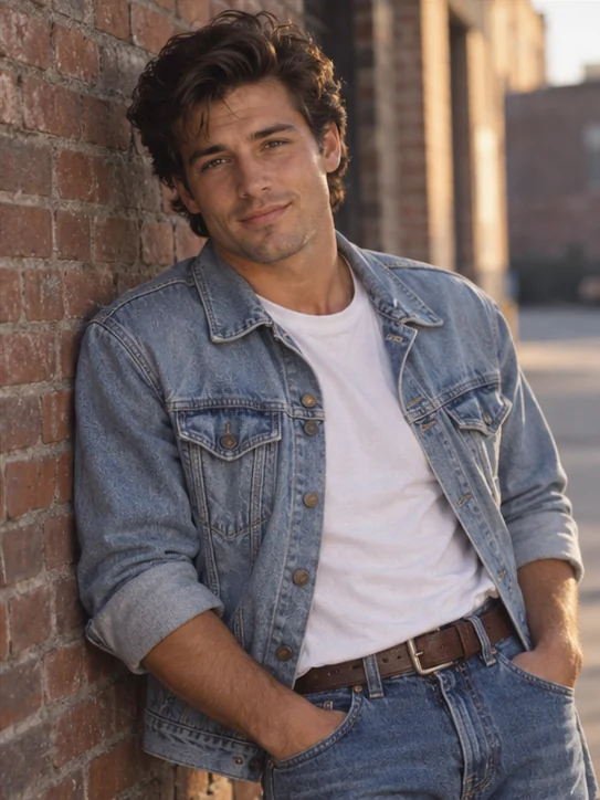 The denim heartthrob: Swept-up hair, denim and leading-man charm.