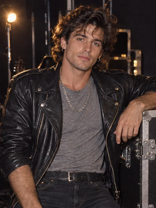 The 1987 frontman: Leather, tousled hair and backstage light. Ready for the show.