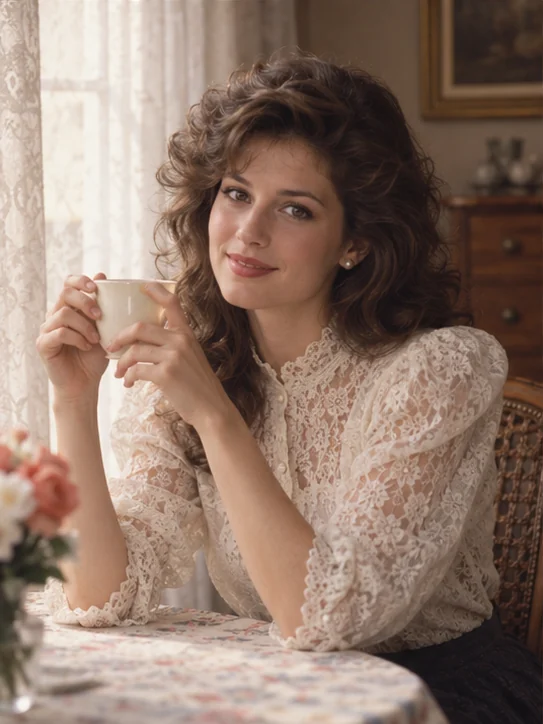 Soap-opera romance: A lace blouse, soft curls and window light. Delicate nostalgia.