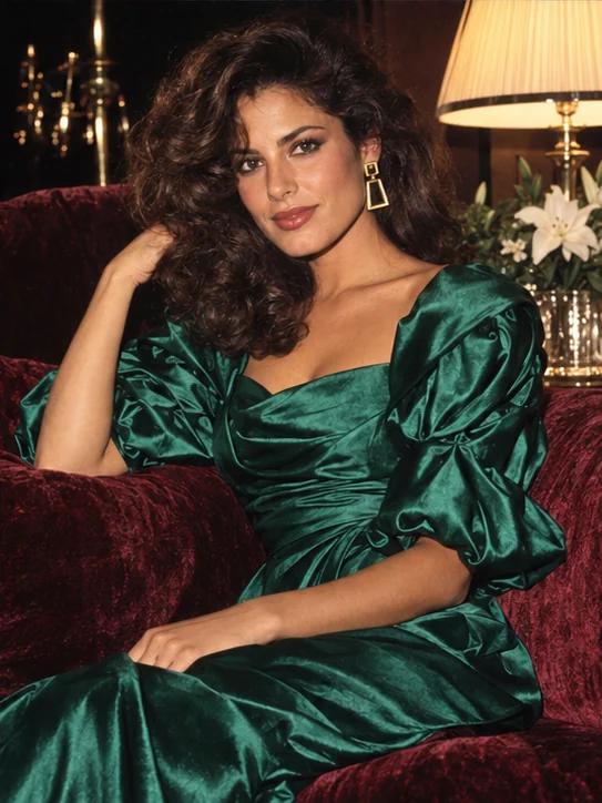 Emerald satin, loose curls and lamplight. A little late-night glamour.